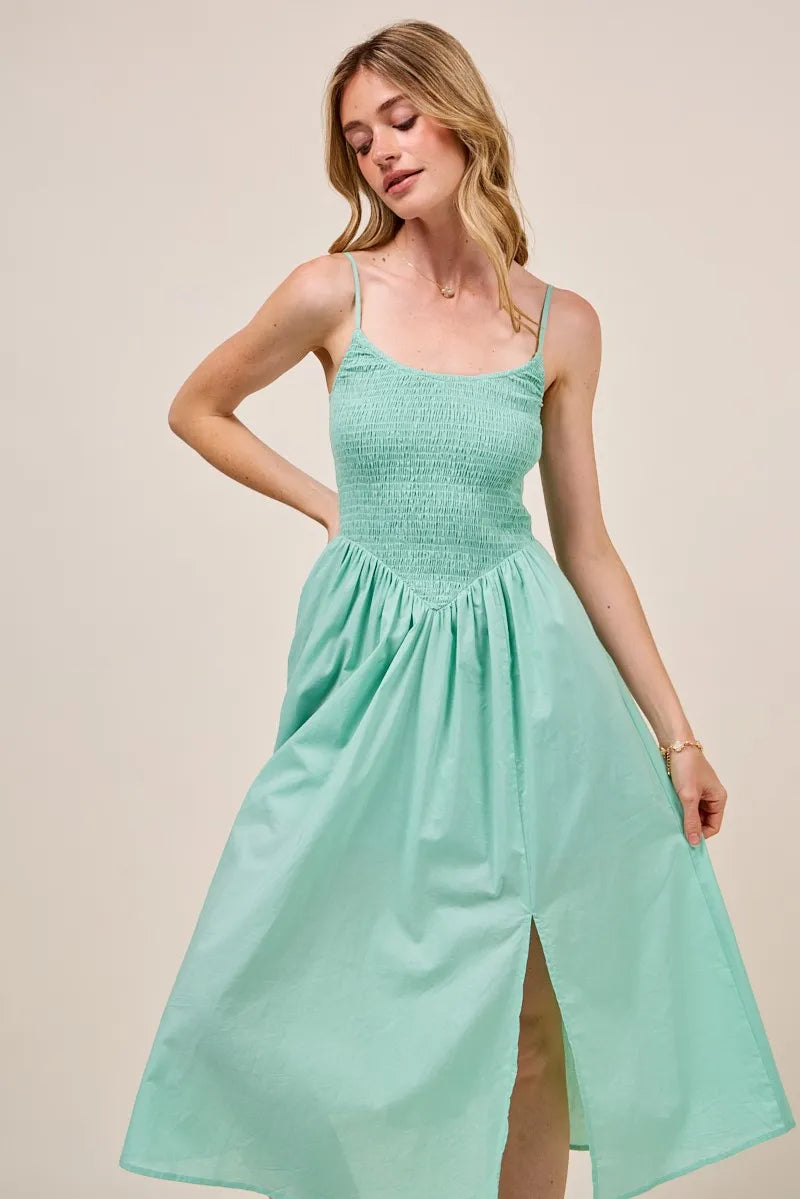Smocked Sleeveless Casual Everyday Dress With Slit - Sage - product view 4