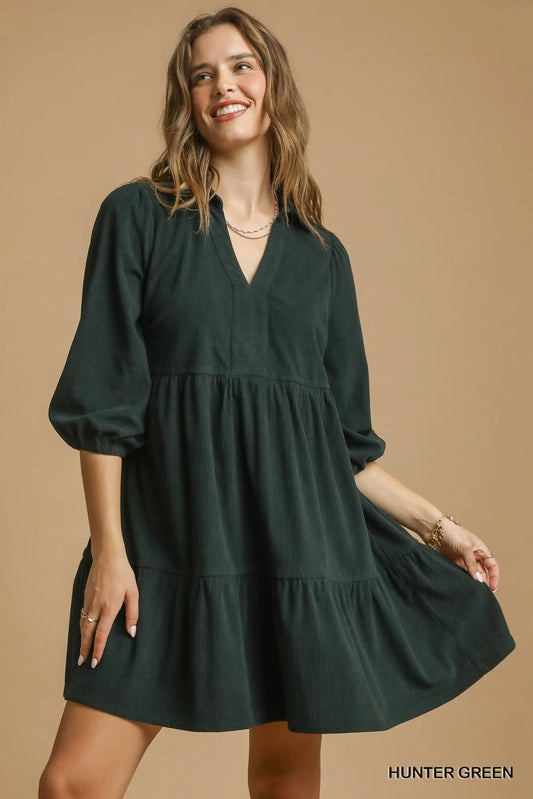 Tiered Johnny Collar Balloon Sleeve Dress in Hunter Green - product view 2