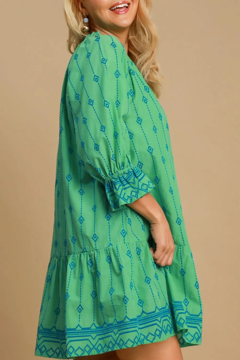 Full Size Tassel Embroidered Flounce Sleeve Mini Dress Plus Size in Green - product view 5