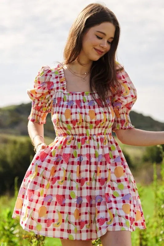 Fruits Printed Smocking Mini Dress - Pink - product view 1