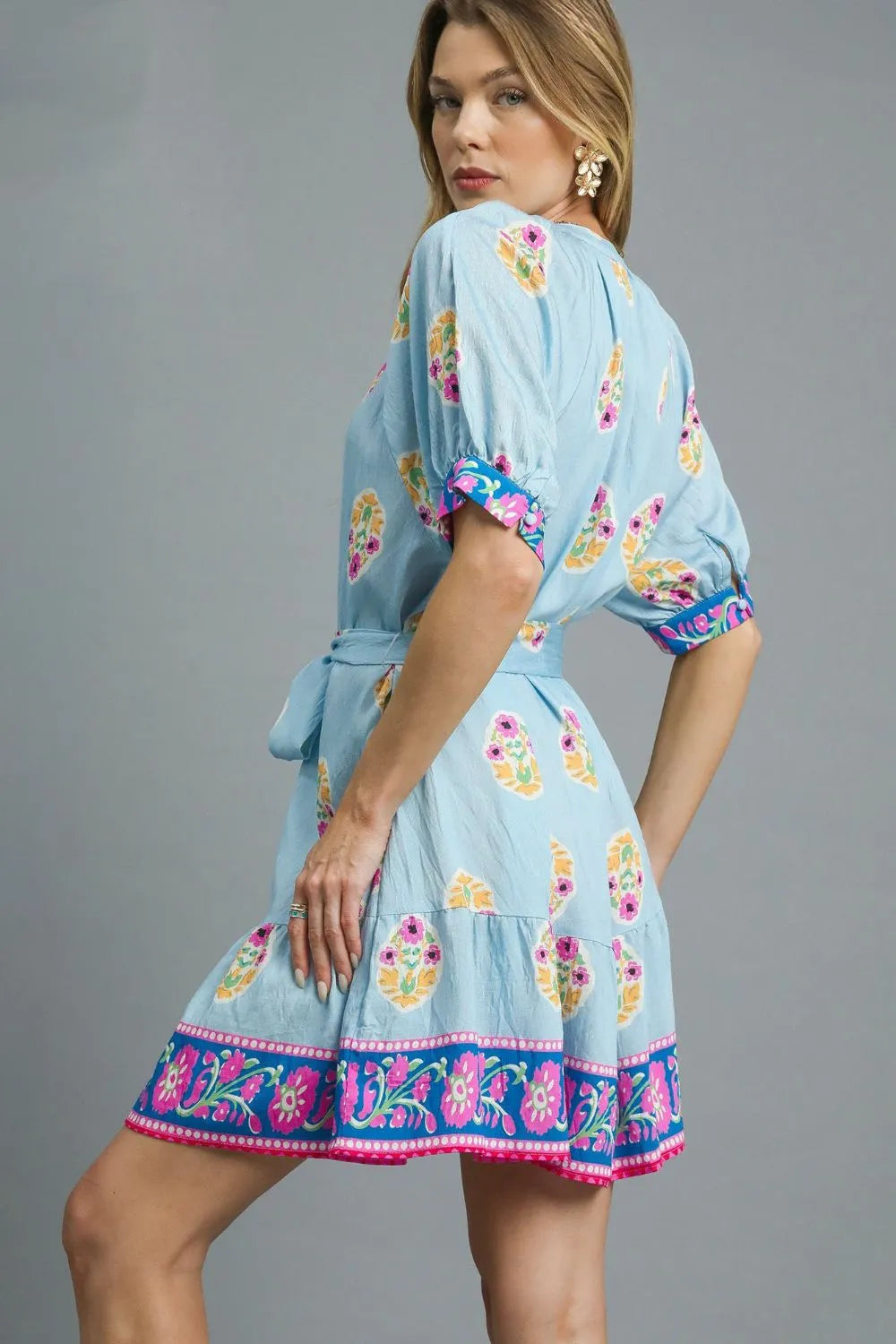 Floral Print Tie Waist Short Sleeve Dress - Pastel Blue - product view 3