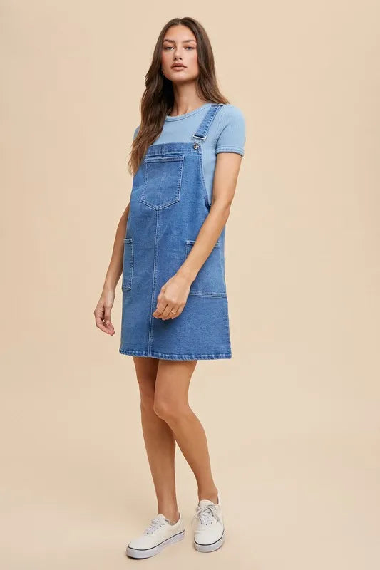 Wide Strap Denim Overall Dress with Pockets - Indigo Washed Denim - product view 4