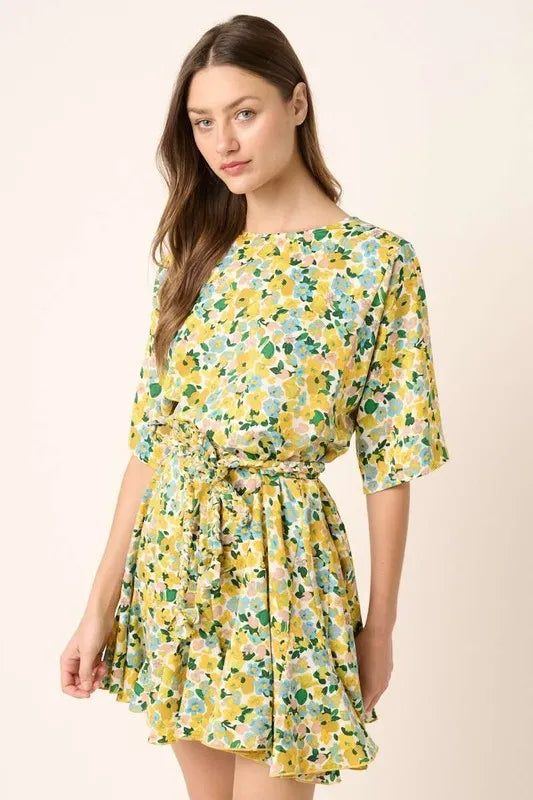 Floral Tie Waist Half Sleeve Mini Dress in Yellow Combo - product view 1