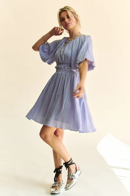 Back Button Puff Sleeve Mini Dress in Lavender - product view 9