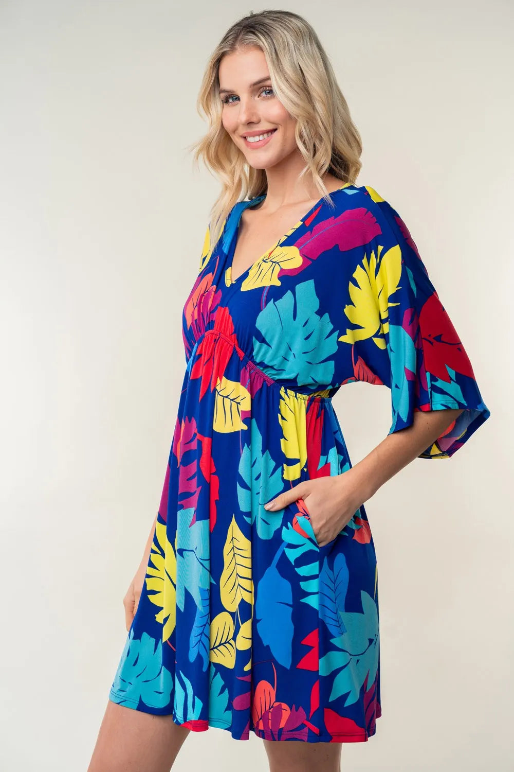 Full Size Printed V-Neck Mini Dress in Multi - product view 4