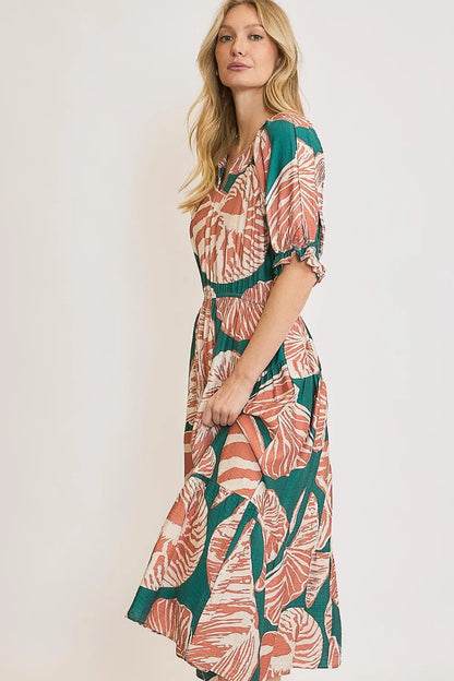 Full Size Printed Notched Puff Sleeve Midi Dress Plus Size - Green/Clay - product view 3
