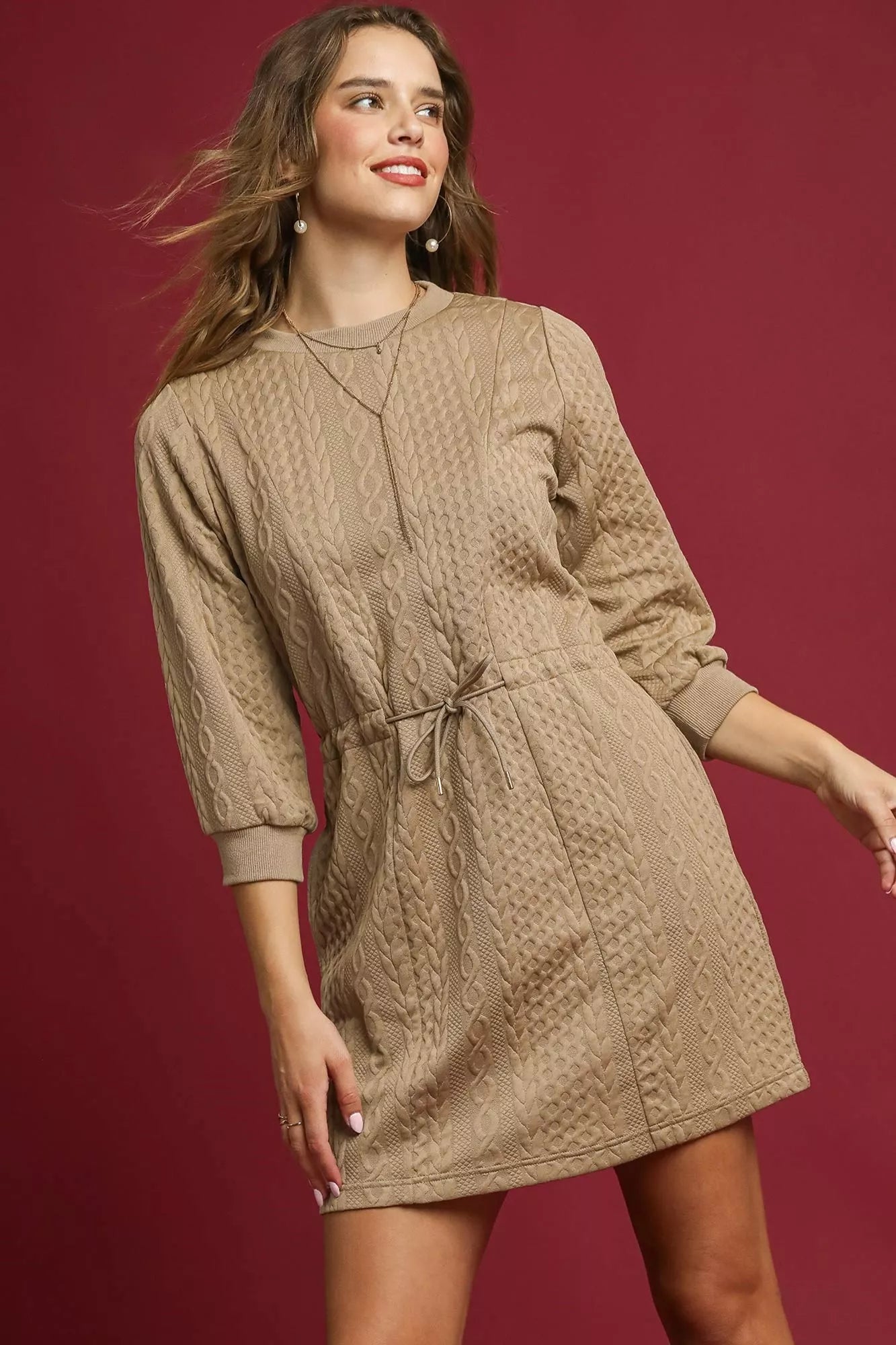 Drawstring Cable Knit Mini Dress with Pockets - Taupe - product view 1