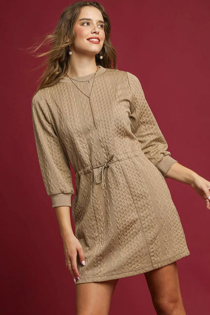 Drawstring Cable Knit Mini Dress with Pockets - Taupe - product view 1