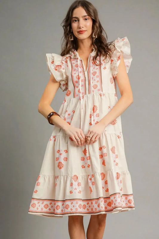 Printed Tie Neck Ruffle Cap Sleeve Dress in Burnt Coral - product view 1