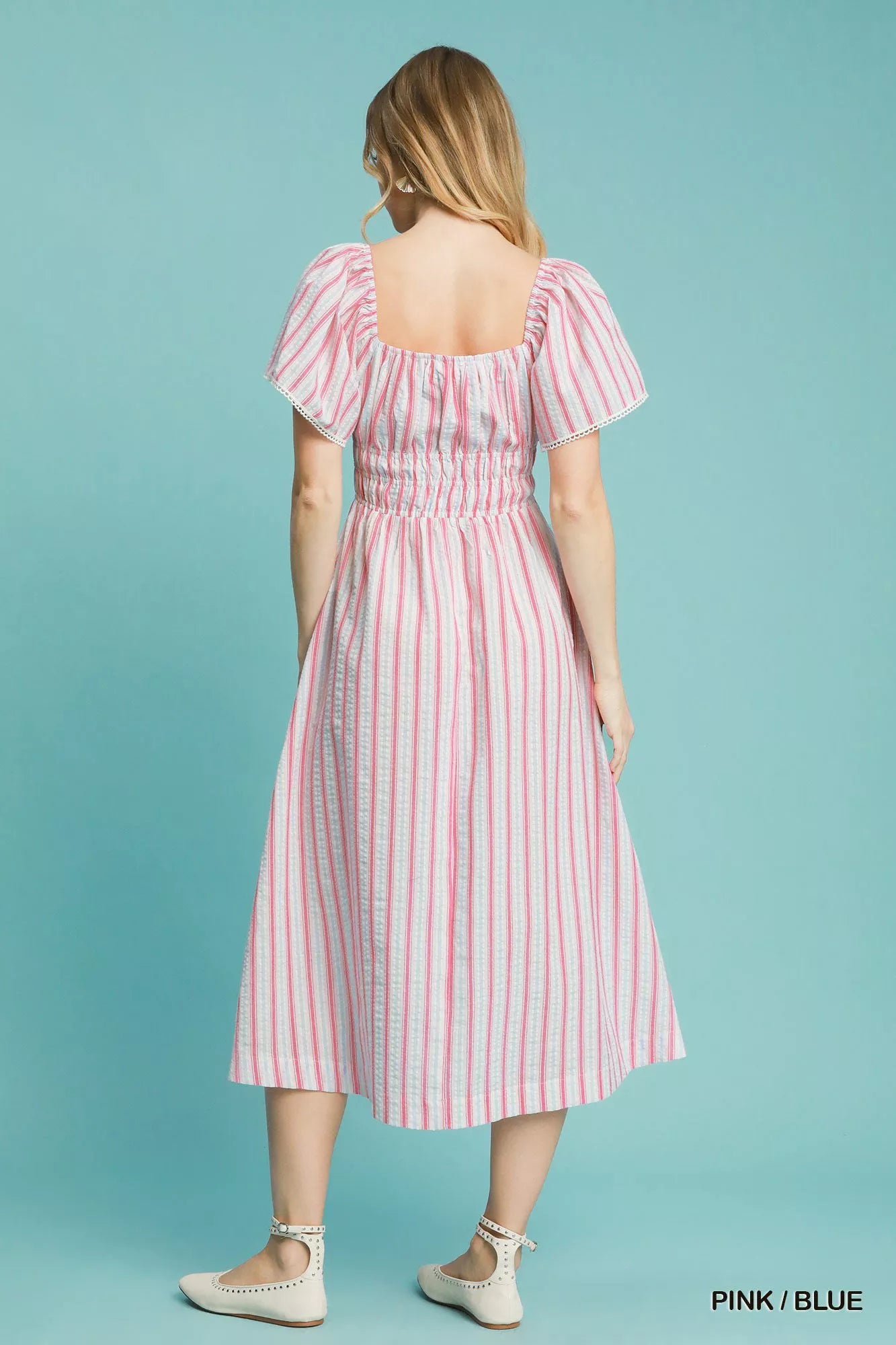Smocked Striped Short Sleeve Midi Dress in Pink / Blue - product view 3