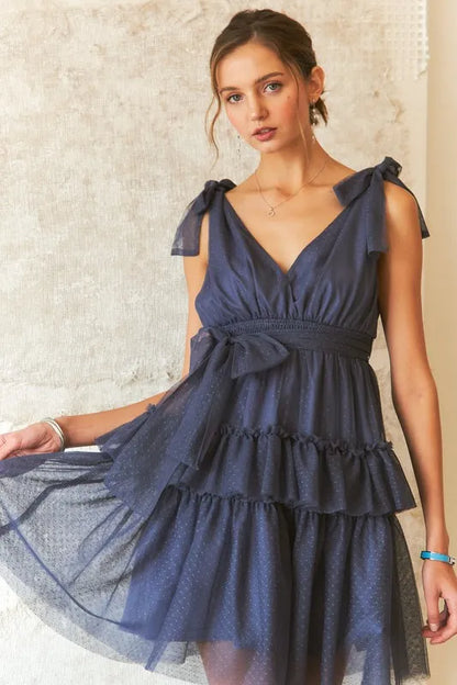 Tie Shoulder Polka Dot Mesh Dress in Dark Navy - product view 1