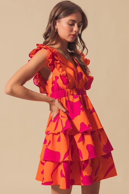 Floral V Neck Layered Dress with Elasticized Waist in Orange/Fuchsia - product view 15