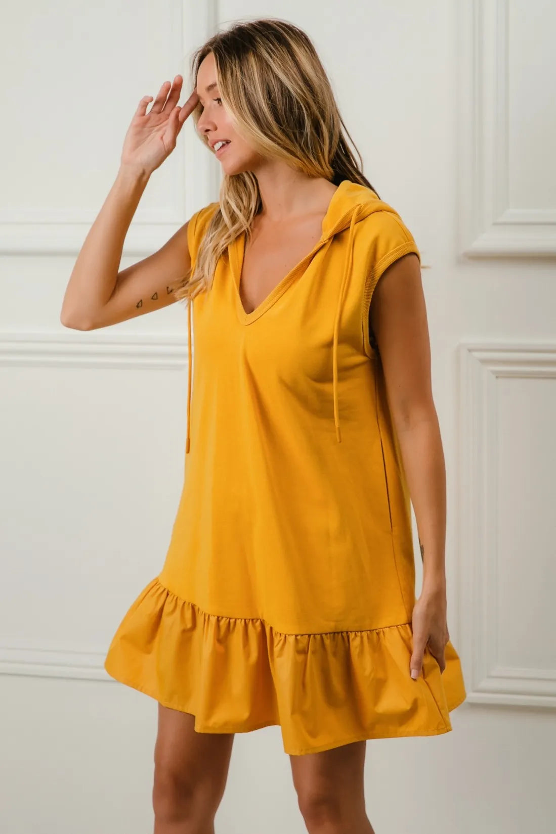 Ruffled French Terry Hooded Dress - Mustard - product view 6