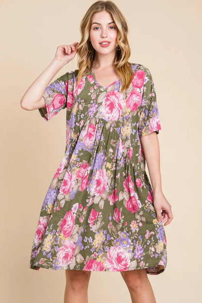 Flower Print V-Neck Ruched Dress in Floral - product view 1