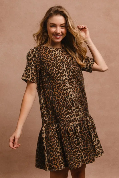 Tie Back Leopard Round Neck Short Sleeve Dress - product view 3