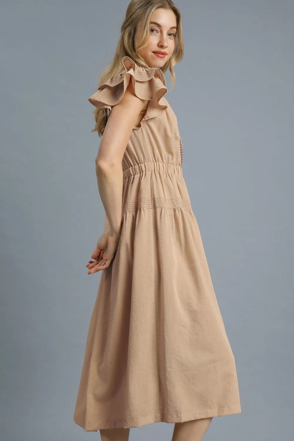 Ruffled Cap Sleeve Midi Dress with Contrast Trim Detail in Tan - product view 2