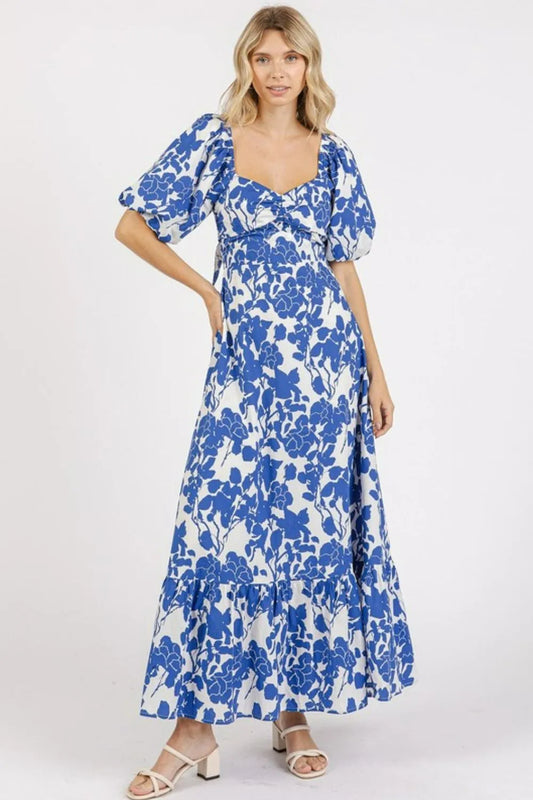 Cutout Back Floral Sweetheart Neck Puff Sleeve Dress in Royal - product view 1