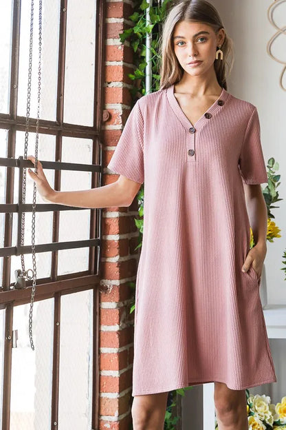Full Size Solid Ribbed Mini Dress with Button Plus Size in Rose - product view 7