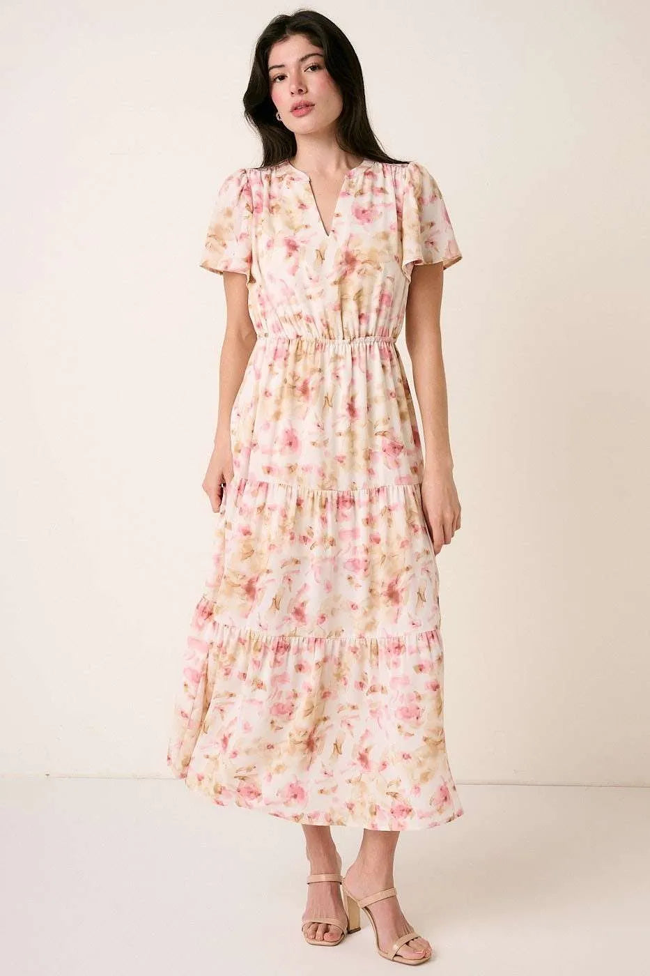 Flower Print Flutter Sleeve V Slit Maxi Dress - Pink - product view 3