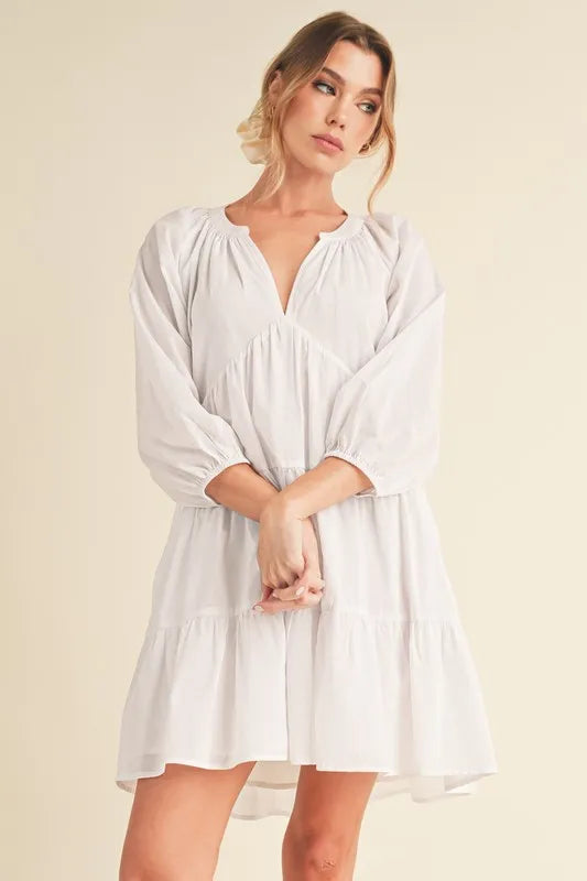 Notched Balloon Sleeve Tiered Mini Dress - White - product view 1