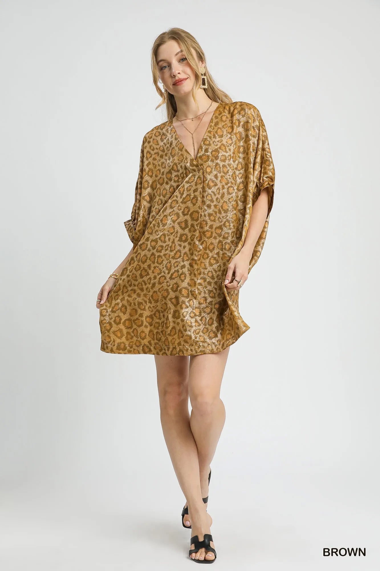 Metallic Leopard Print V-Neck Kimono Dress - Brown - product view 5