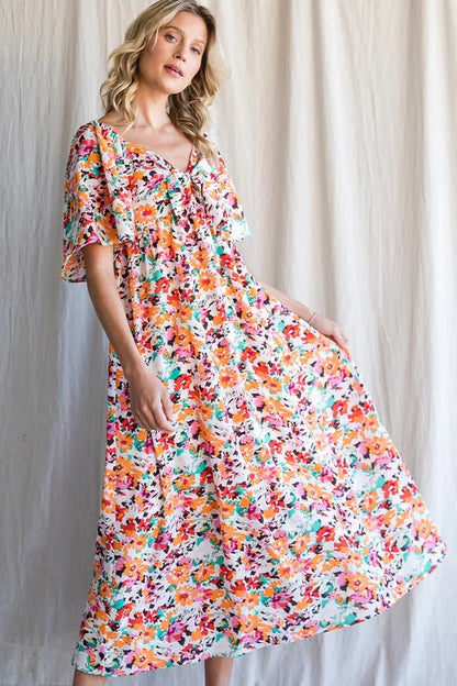 Floral Print Sweetheart Neck Tie Front Midi Dress in Orange Combo - product view 4