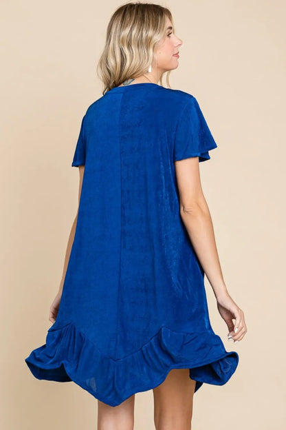Full Size Short Sleeve Ruffled Asymmetric Hem Dress - Royal - product view 2