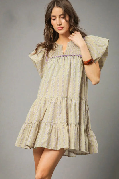 Floral Ruffled Cap Sleeve Tiered Mini Dress - Sage - product view 1