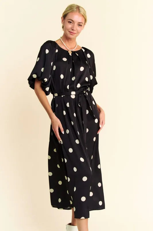 Polka Dot Puff Sleeves Waist Tie Midi Dress in Black - product view 3