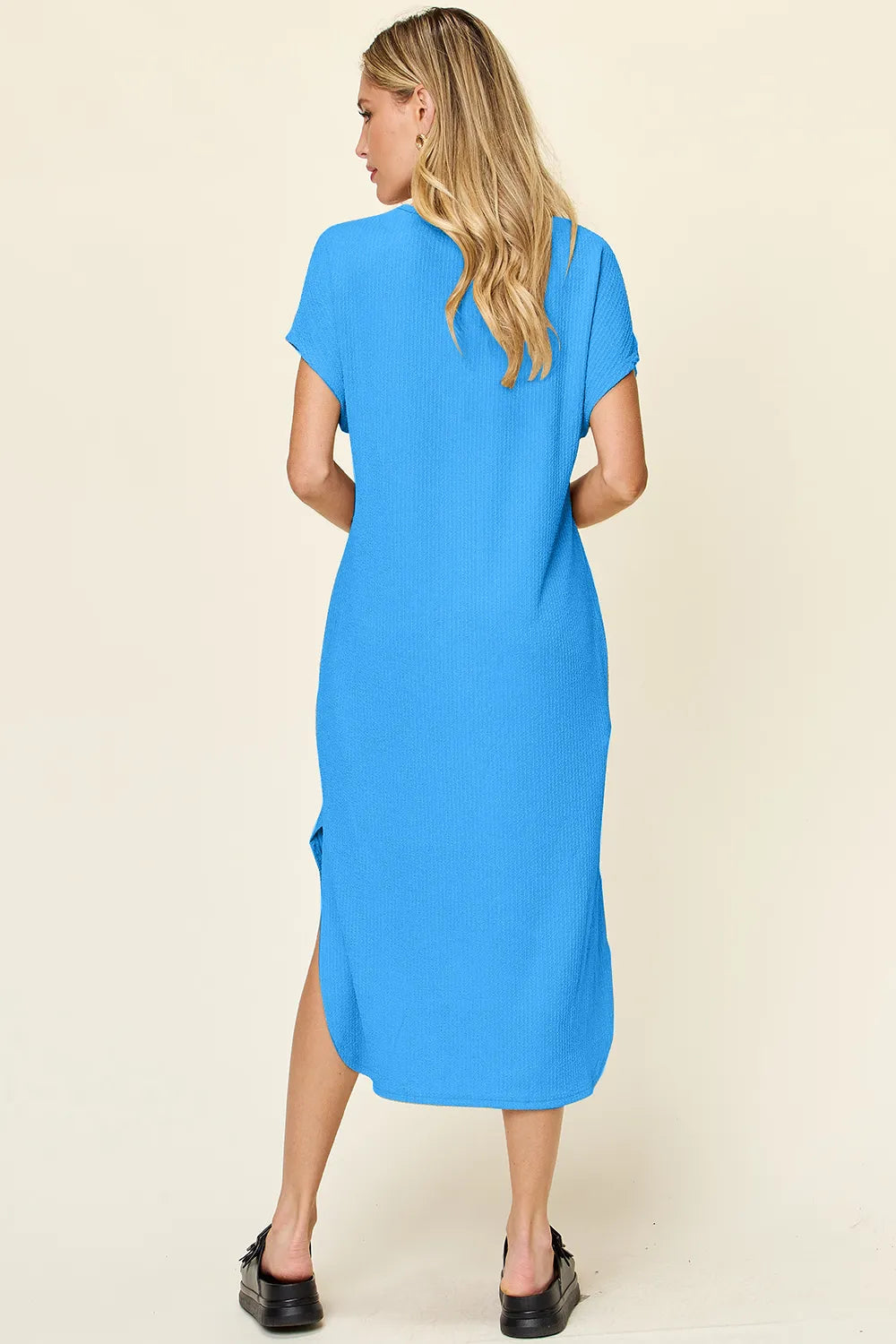 Full Size Round Neck Short Sleeve Slit Dress in Sky Blue and Tangerine - product view 3