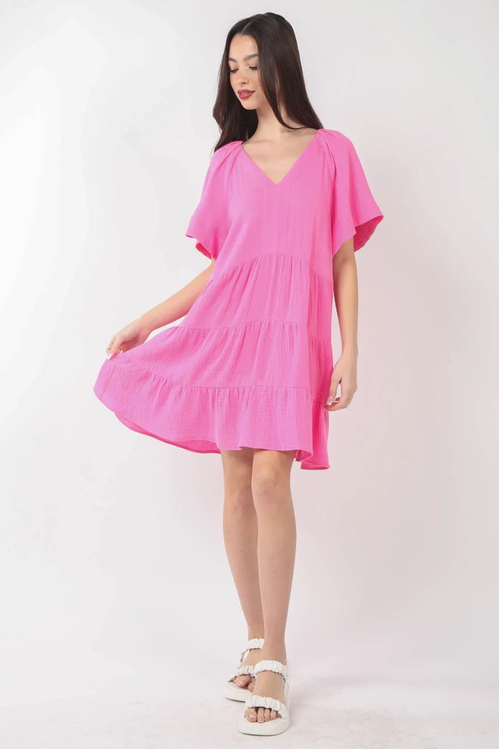 Texture V-Neck Ruffled Tiered Dress - Pink - product view 4