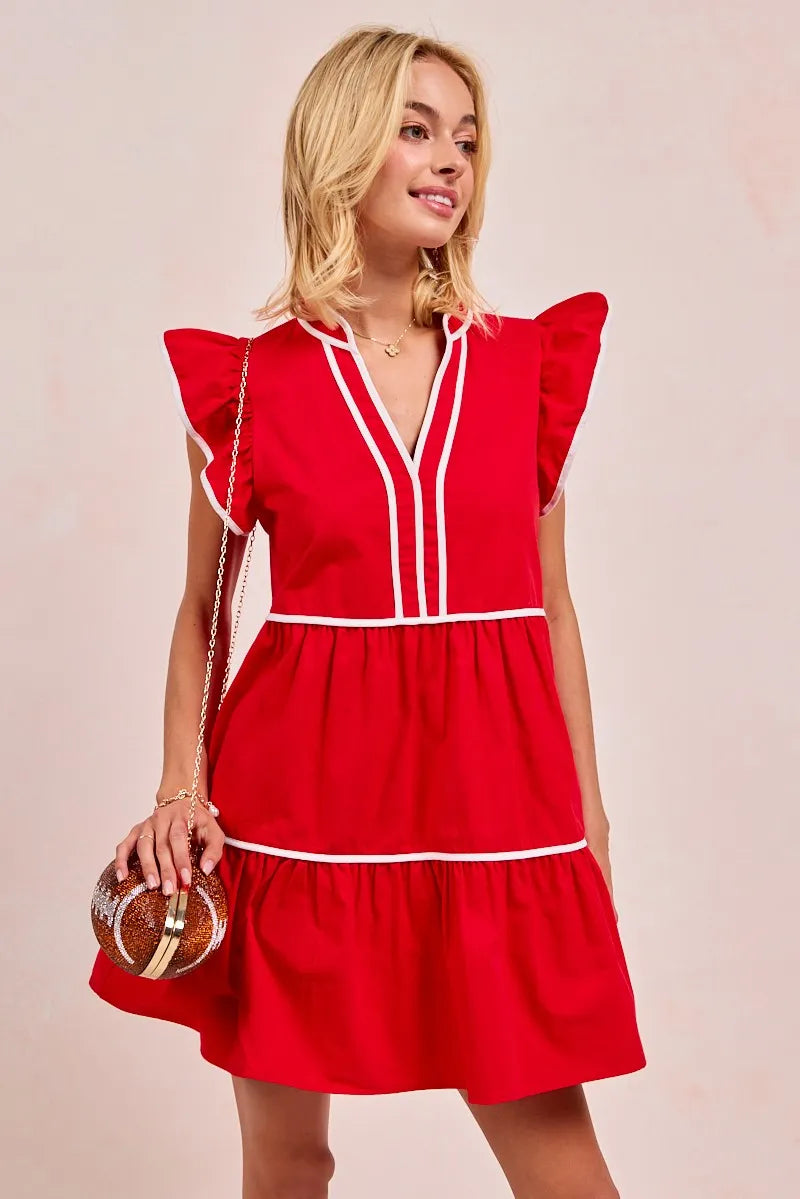 Gameday Theme Contrast Binding Ruffled Dress - Red - product view 2