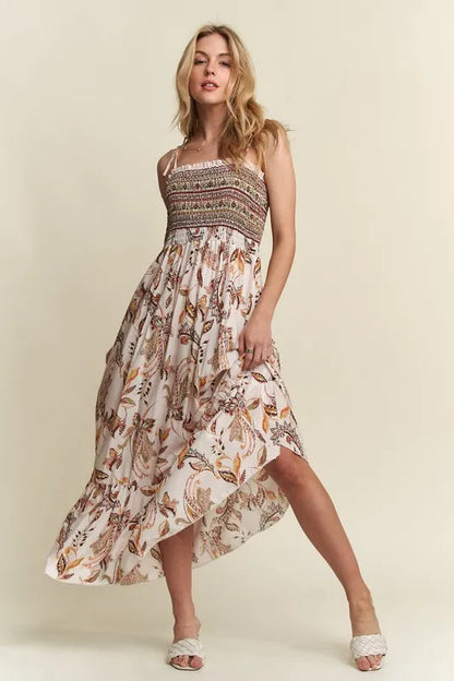 Smocked Printed Square Neck Tie Shoulder Cami Dress - Ivory - product view 6