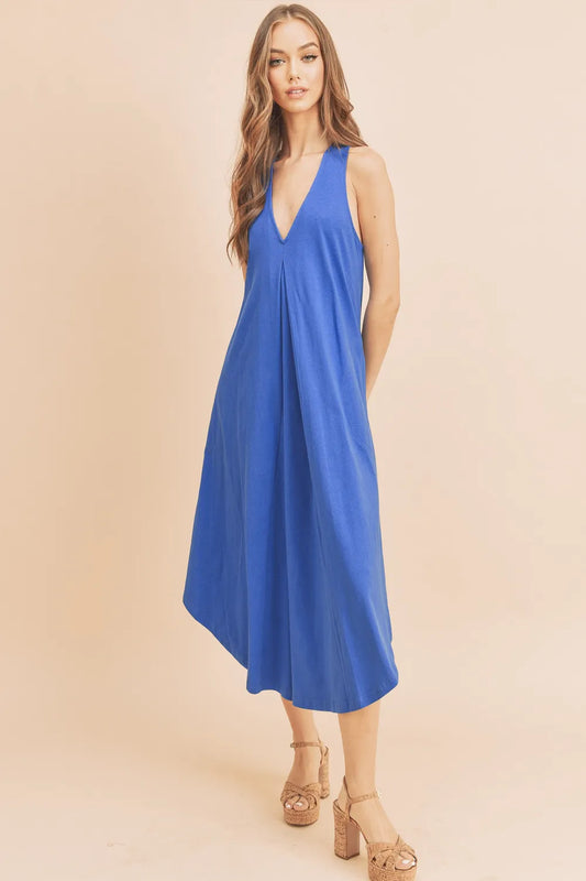 Front Pleat Detail V-Neck Sleeveless Midi Dress in Royal Blue - product view 2