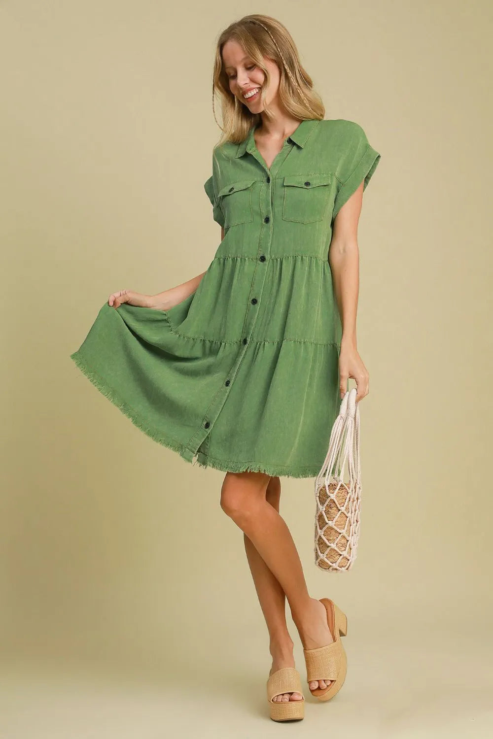 Full Size Frayed Hemline Button Down Shirt Dress Plus Size in Green - product view 3