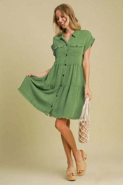 Full Size Frayed Hemline Button Down Shirt Dress Plus Size in Green - product view 3