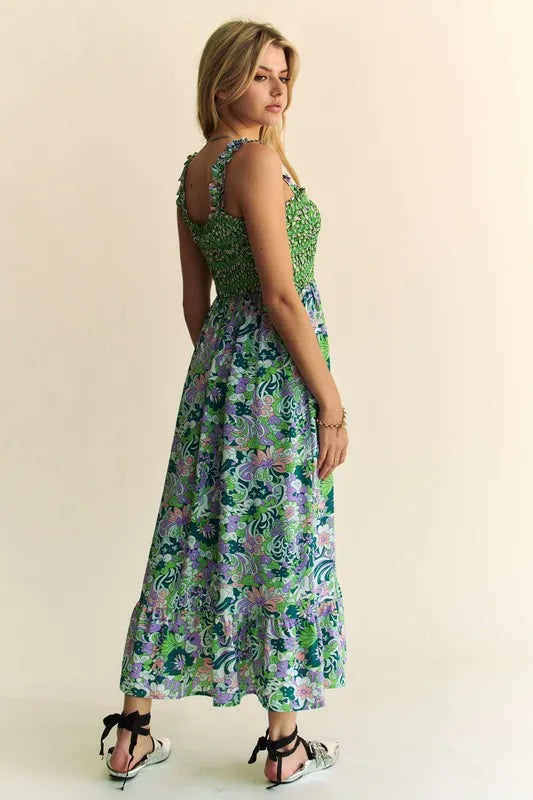 Multi Smocked Bodice Geo Ruffle Strappy Midi Dress - Hunter Green - product view 4
