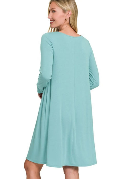 Long Sleeve Flare Dress With Pockets - Dusty Teal - product view 3