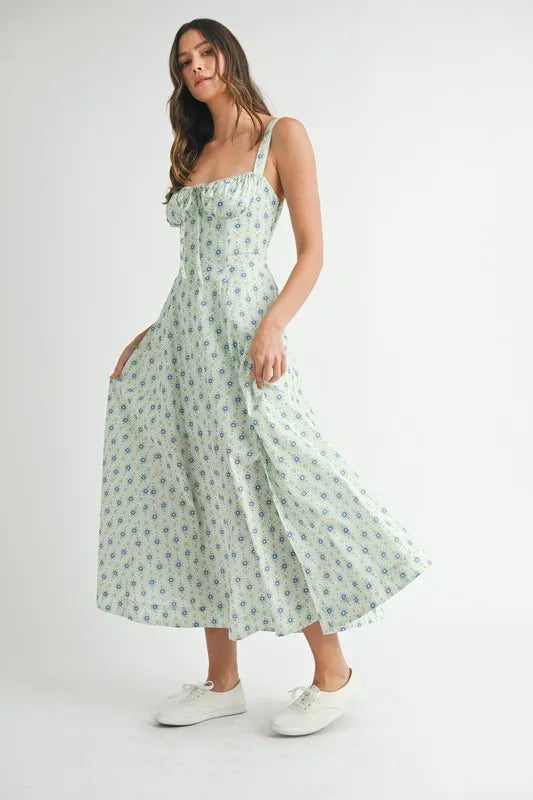 Floral Print Bustier Back Lace Up Midi Dress - Mint - product view 6