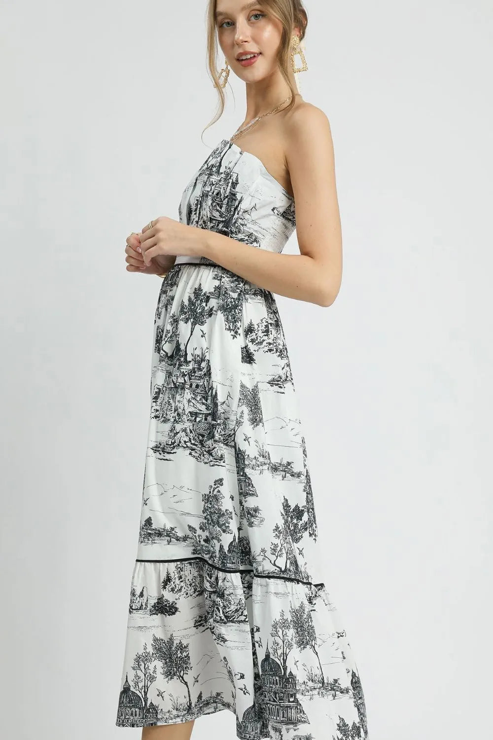 Printed Tiered Tube Midi Dress in Black - product view 3