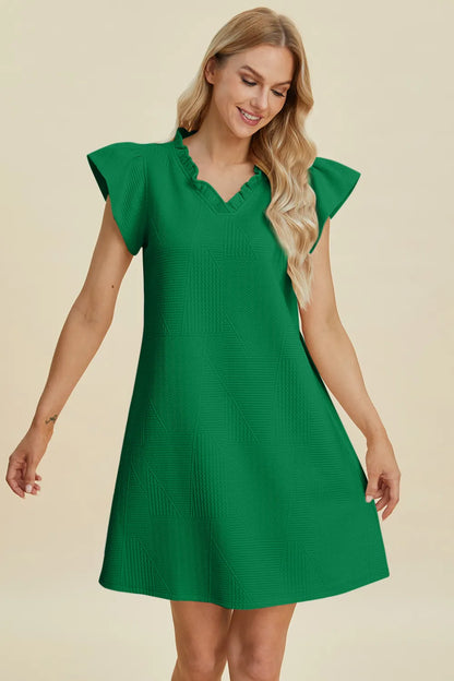 Full Size Ruffled V-Neck Cap Sleeve Dress in Dark Green, Black and more - product view 3