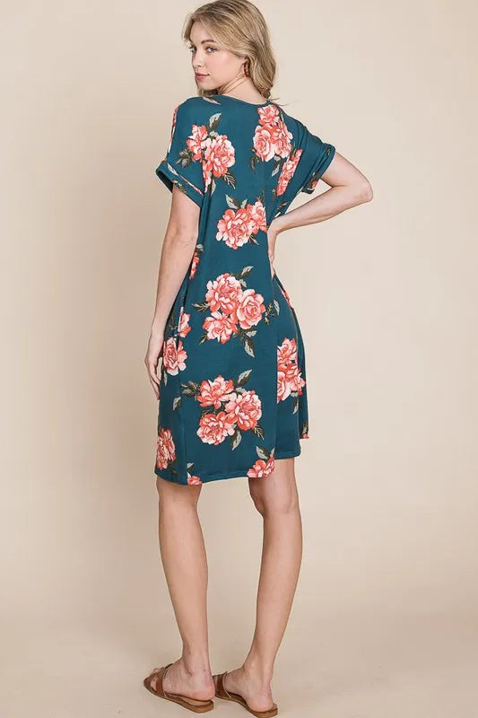 Floral Round Neck Short Tee Dress with Pockets - French Blue - product view 5