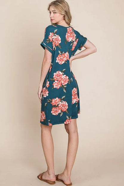 Floral Round Neck Short Tee Dress with Pockets - French Blue - product view 5