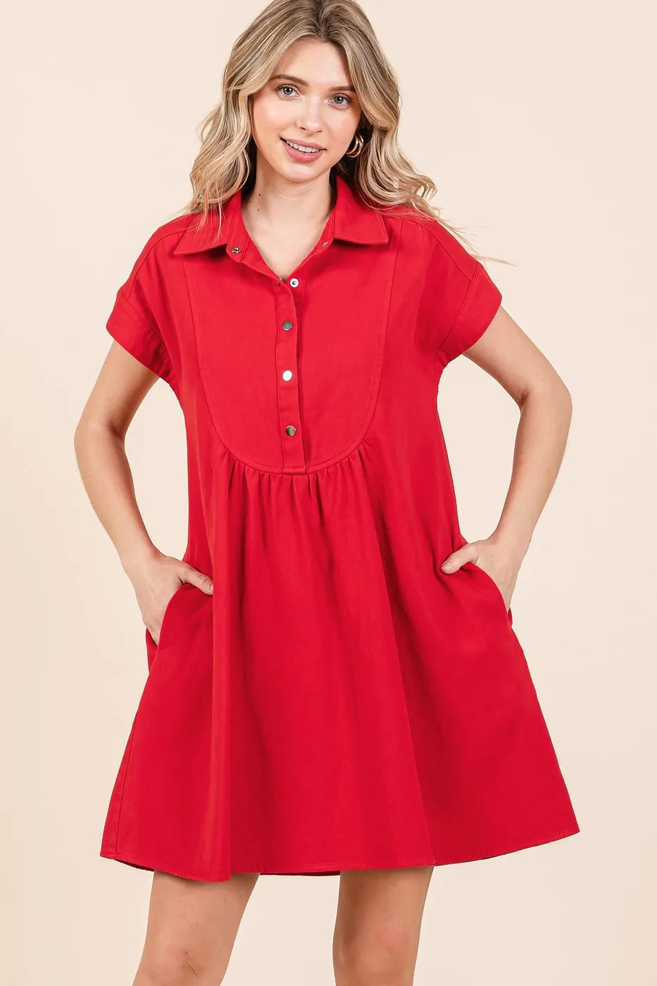 Twill Short Sleeve Collared Mini Dress - Red - product view 4