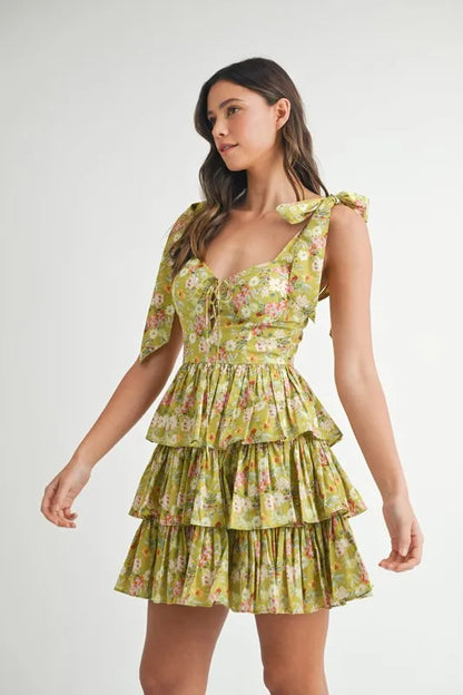 Floral Print Shoulder Tie Layered Mini Dress - Kiwi - product view 6