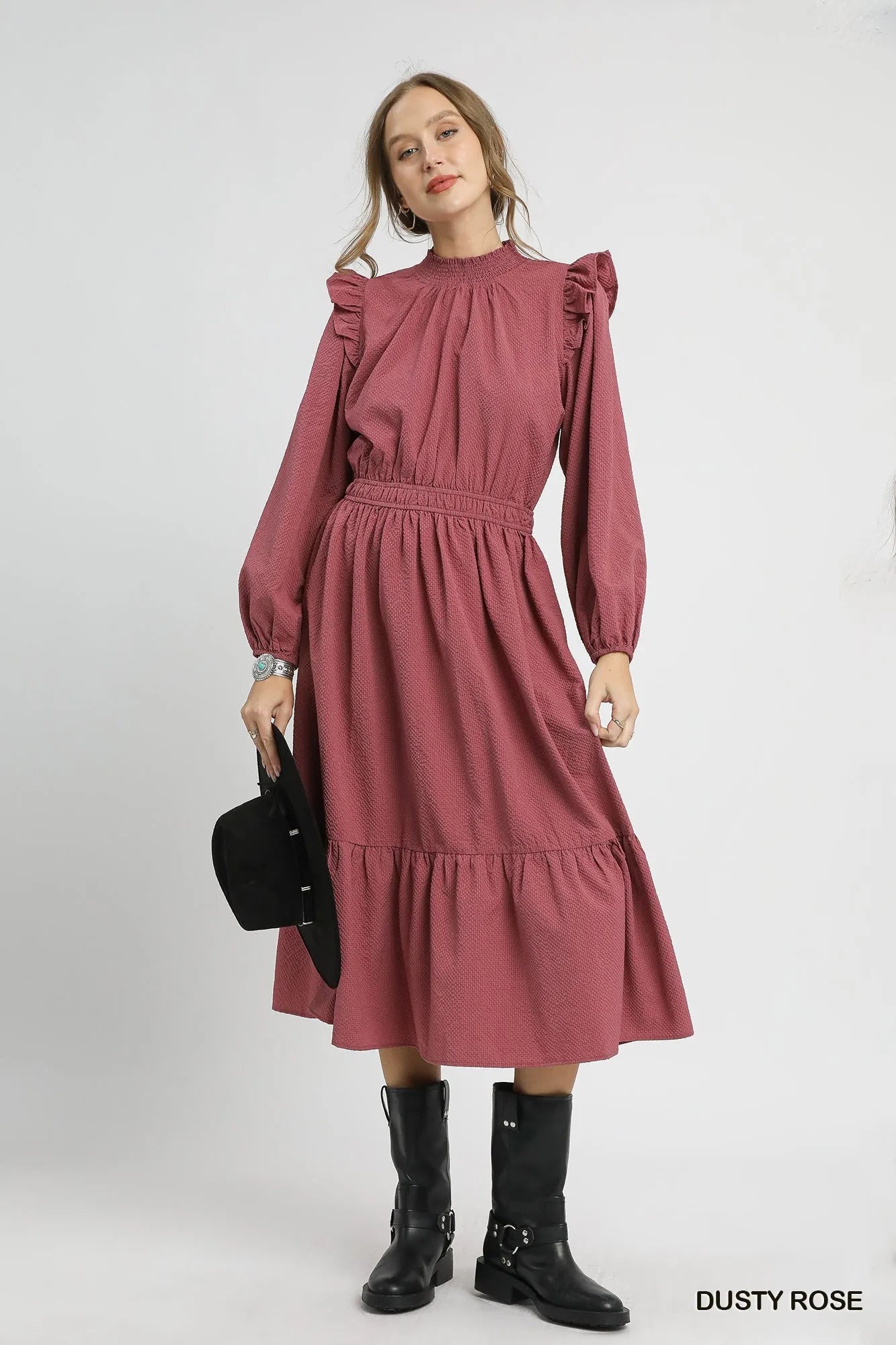 Textured Midi Dress with Ruffle Shoulder Detail - Dusty Rose - product view 3