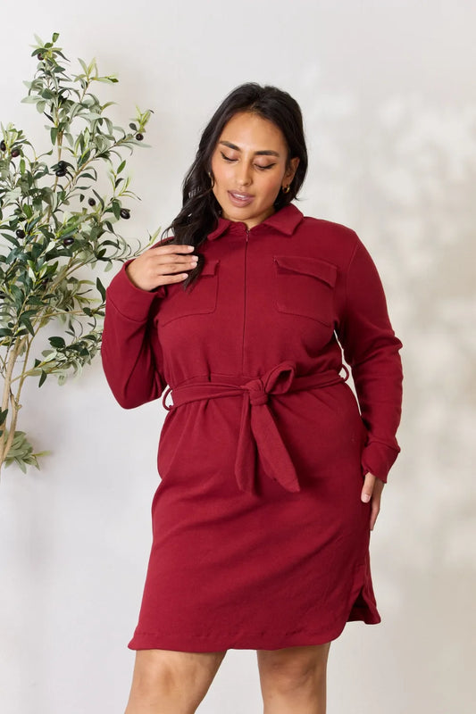 Full Size Tie Front Half Zip Long Sleeve Shirt Dress in Burgundy - product view 1
