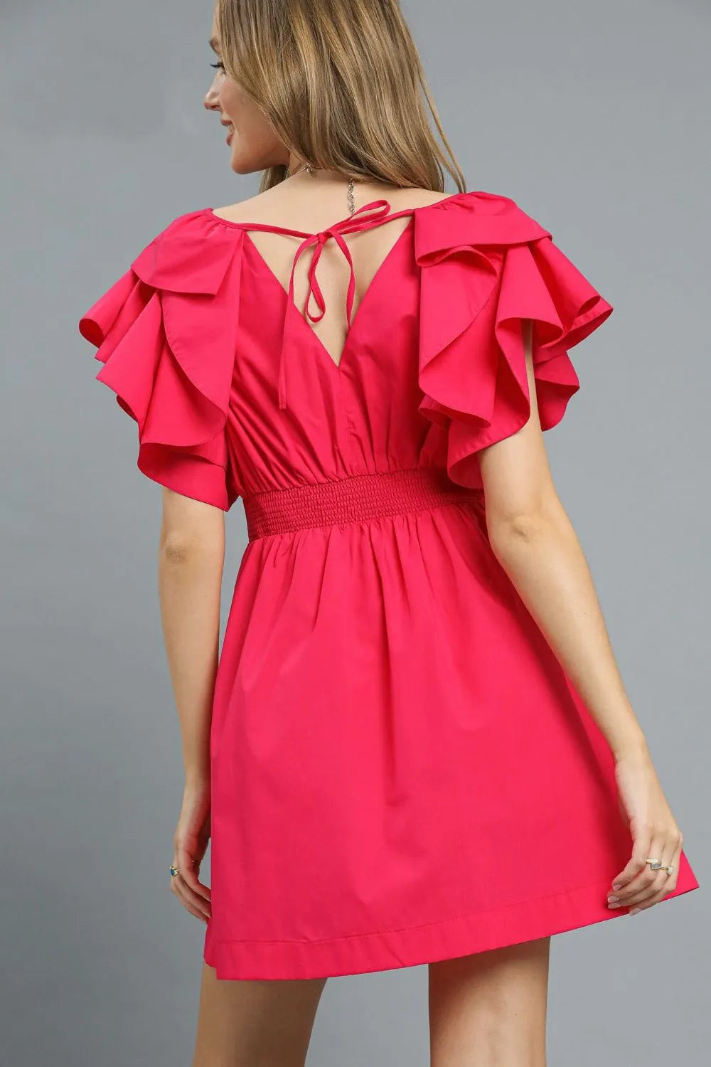Double Ruffle Sleeve Fit and Flare Dress - Deep Rose - product view 3