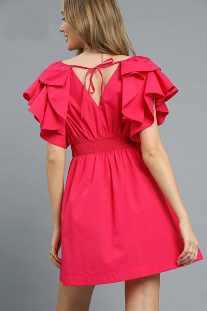 Double Ruffle Sleeve Fit and Flare Dress - Deep Rose - product view 3