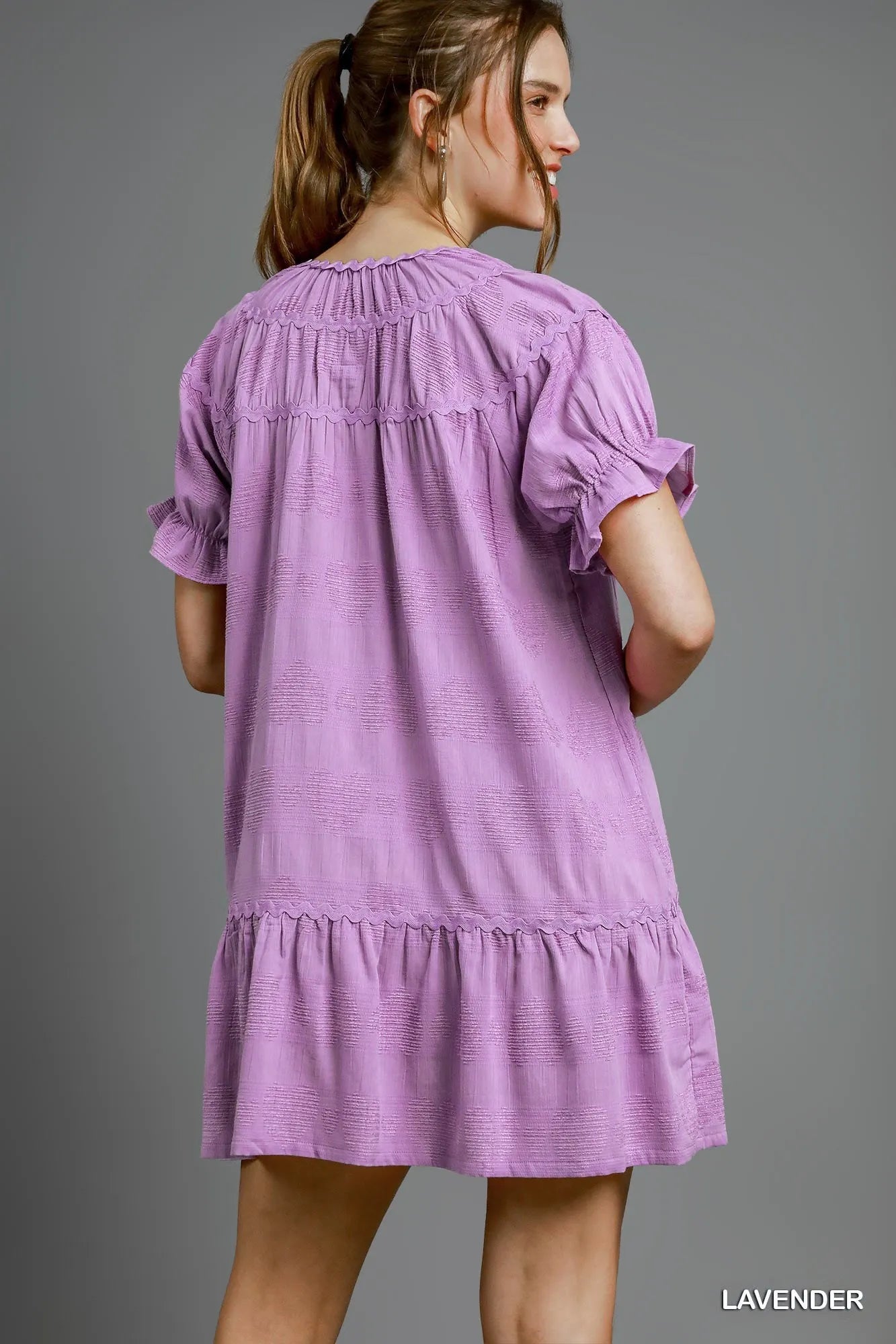 Heart Pattern Short Sleeve Ruffle Babydoll Dress - Lavender - product view 3